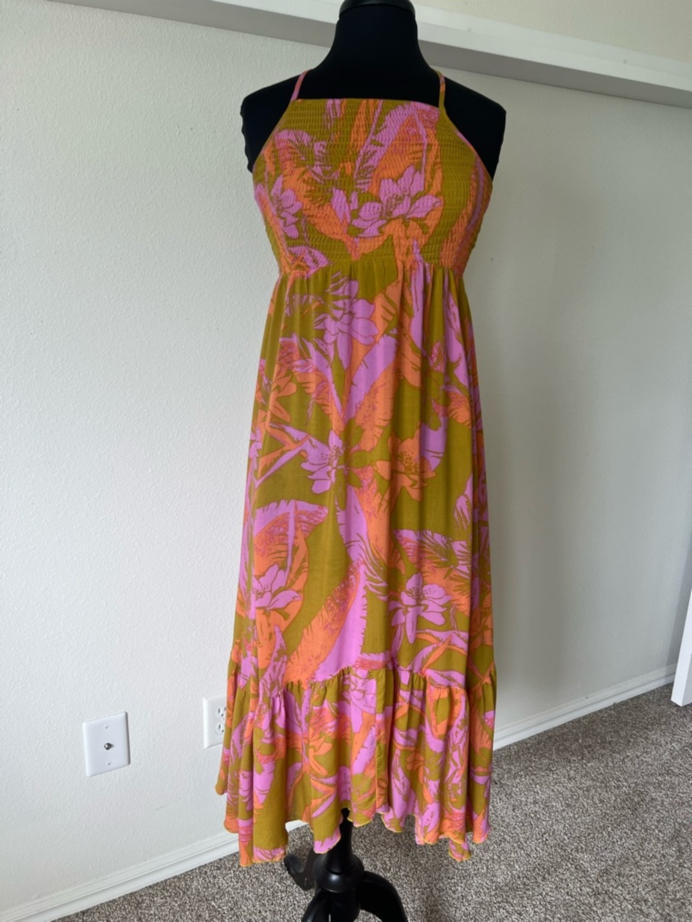 Free People Olive Green Maxi Dress with Pink Floral Print